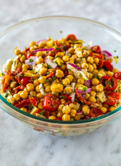 A big bowl of Mediterranean chickpea salad.