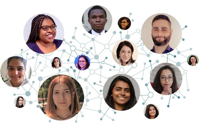 A web of faces of diverse leaders connected with lines