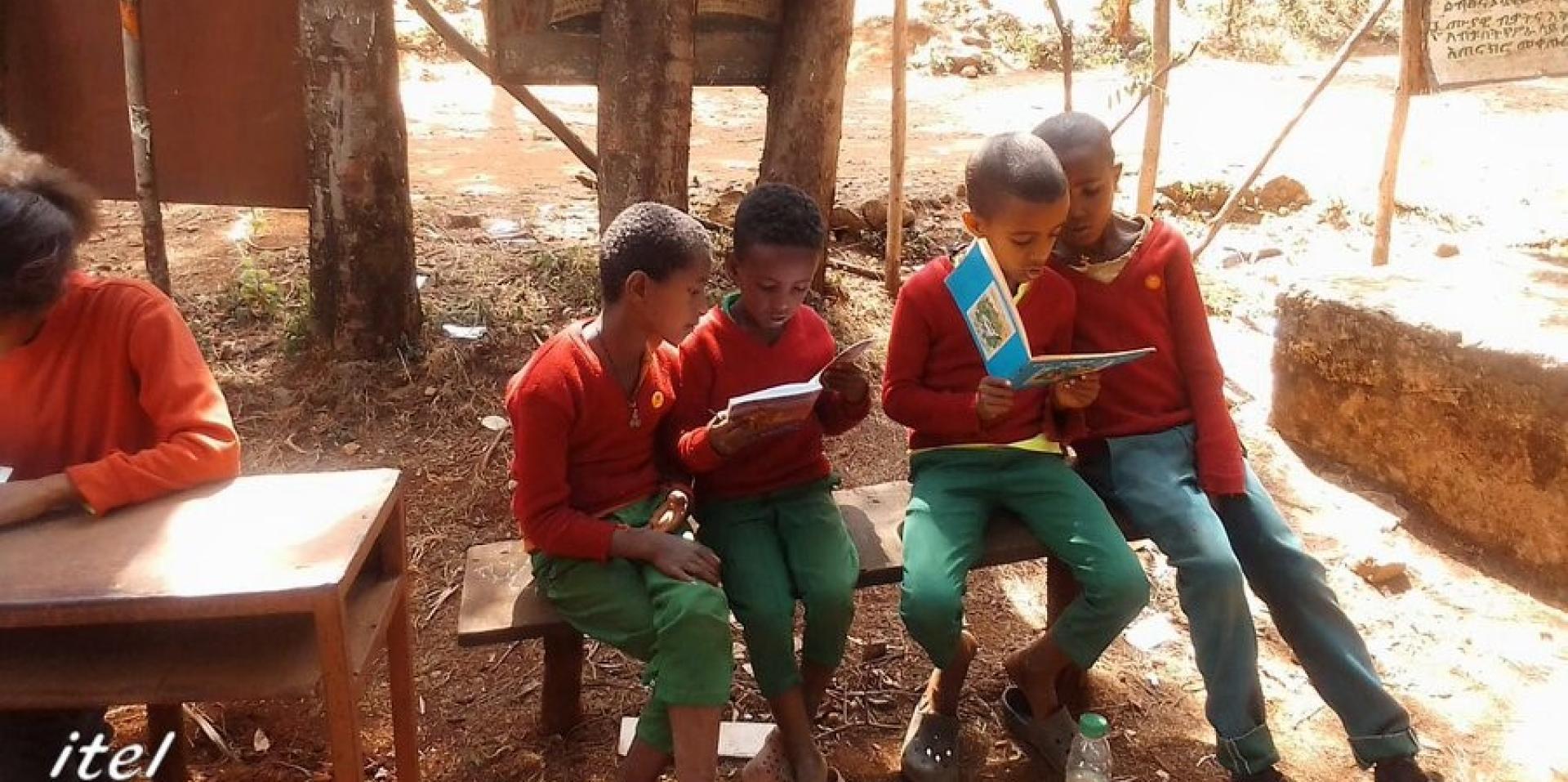 A group of young boys sits on a bench outside reading books
