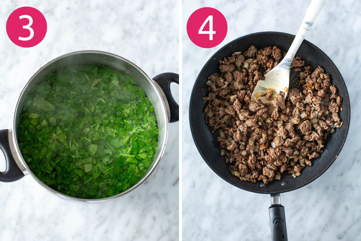 Steps 3 and 4: Add the spinach to the boiling water and cook for 30 seconds. Ground beef sautéing in a skillet with diced onions and garlic.