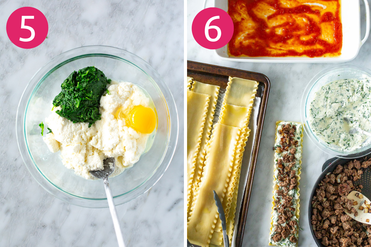 Steps 5 and 6: mix ricotta cheese, spinach, and egg, Spread the ricotta mixture and beef mixture on each lasagna noodle