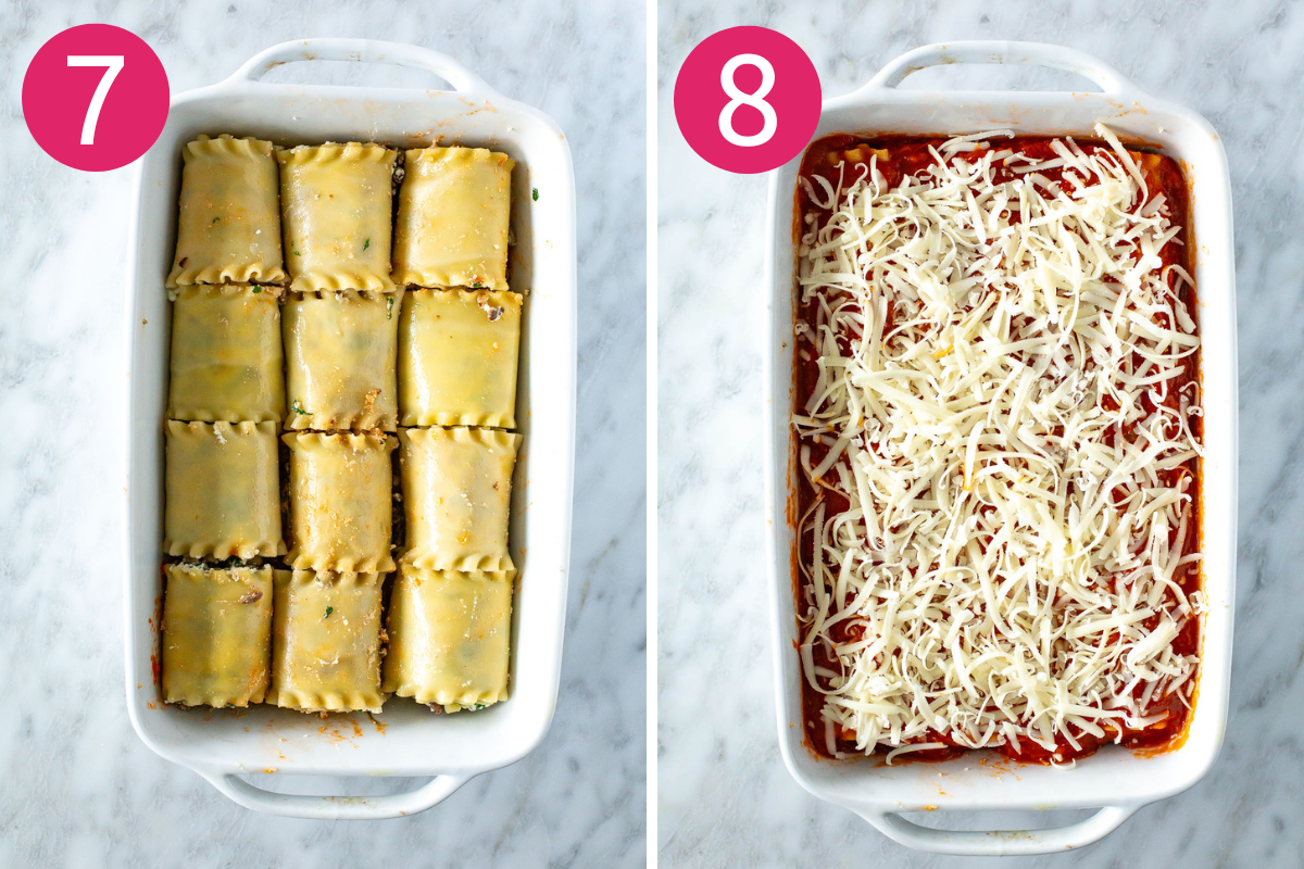 Steps 7 and 8: Roll lasagna noodles and line up in a baking dish. Cover with pasta sauce and shredded mozzarella.
